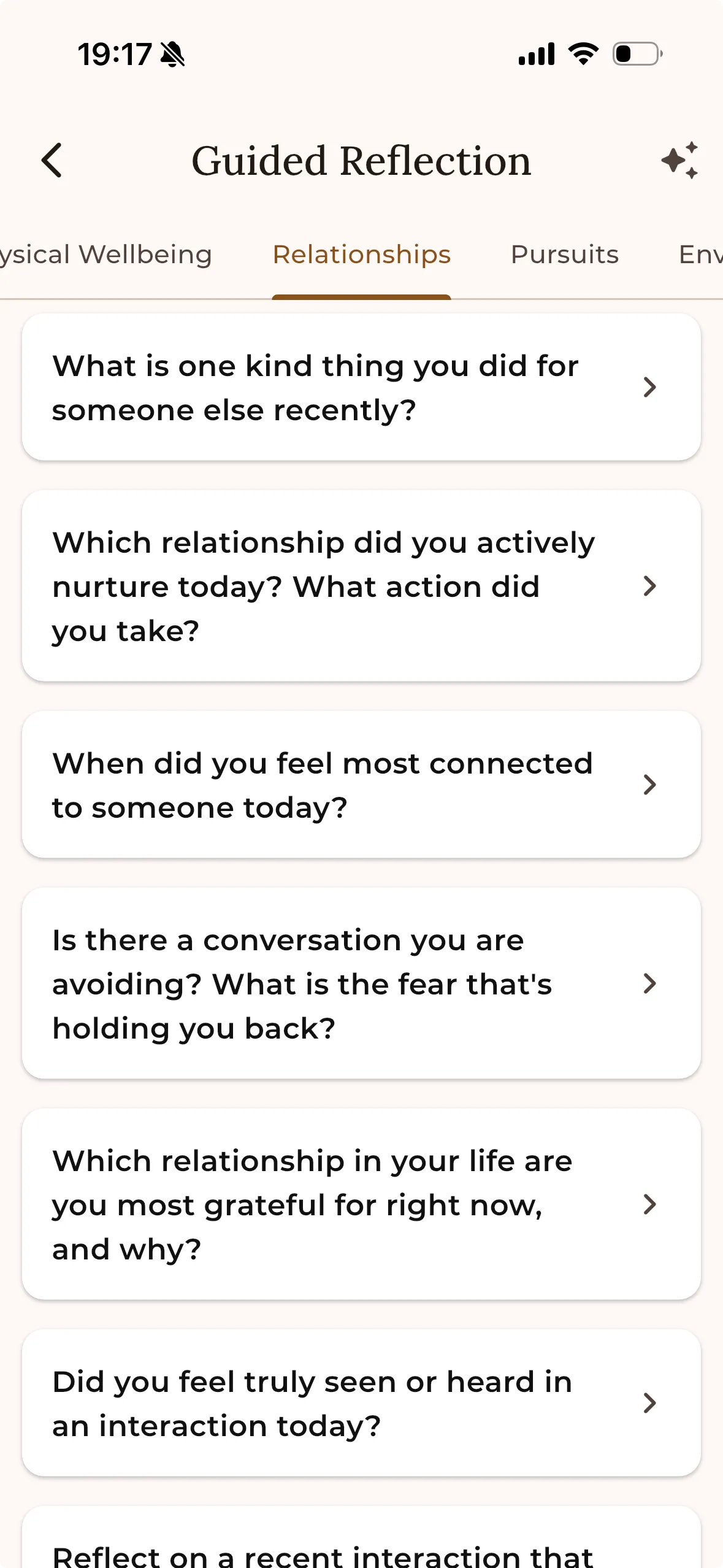 Reflection prompts tailored to your 5-pillar balance