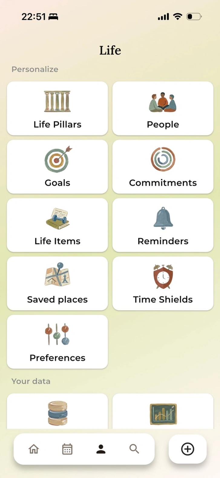 Life overview screen