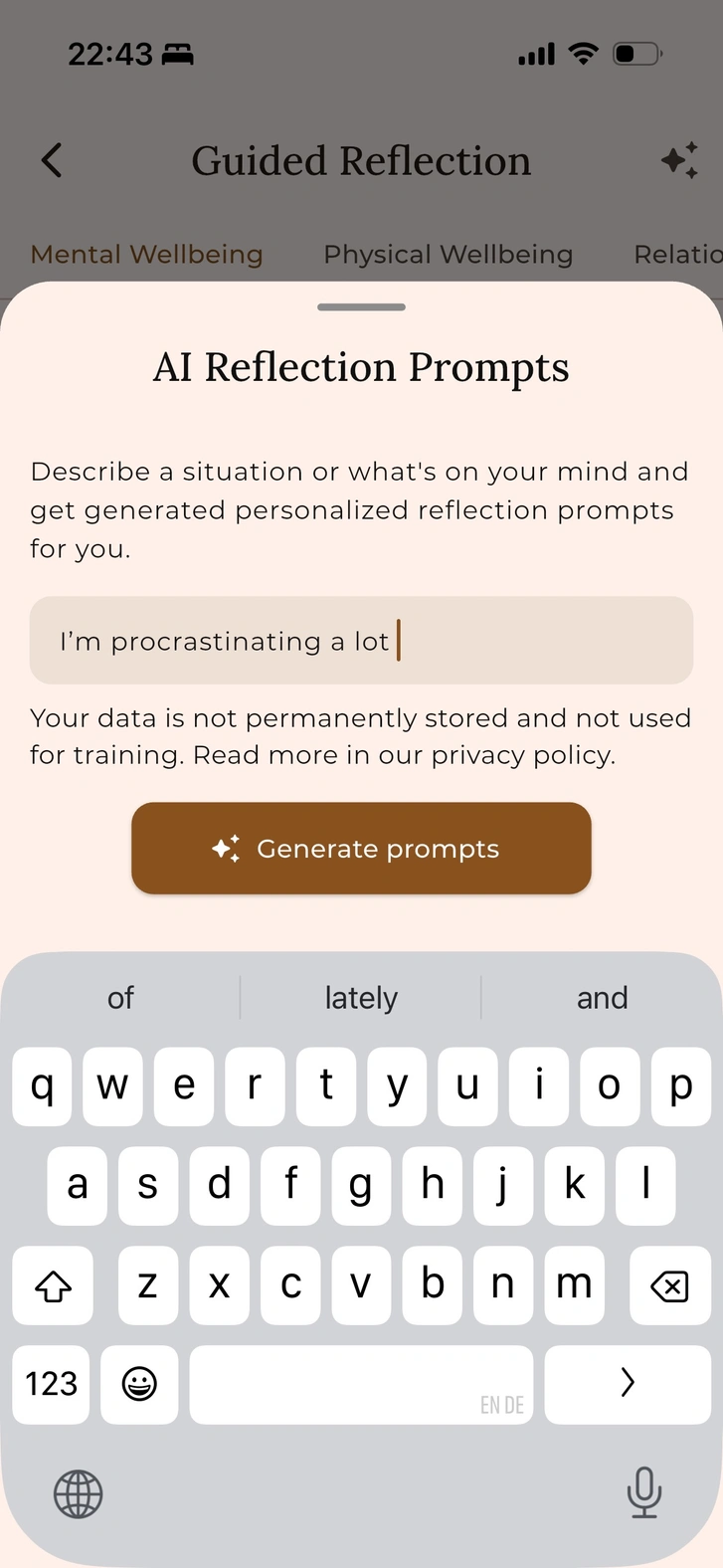 Reflection prompts screen