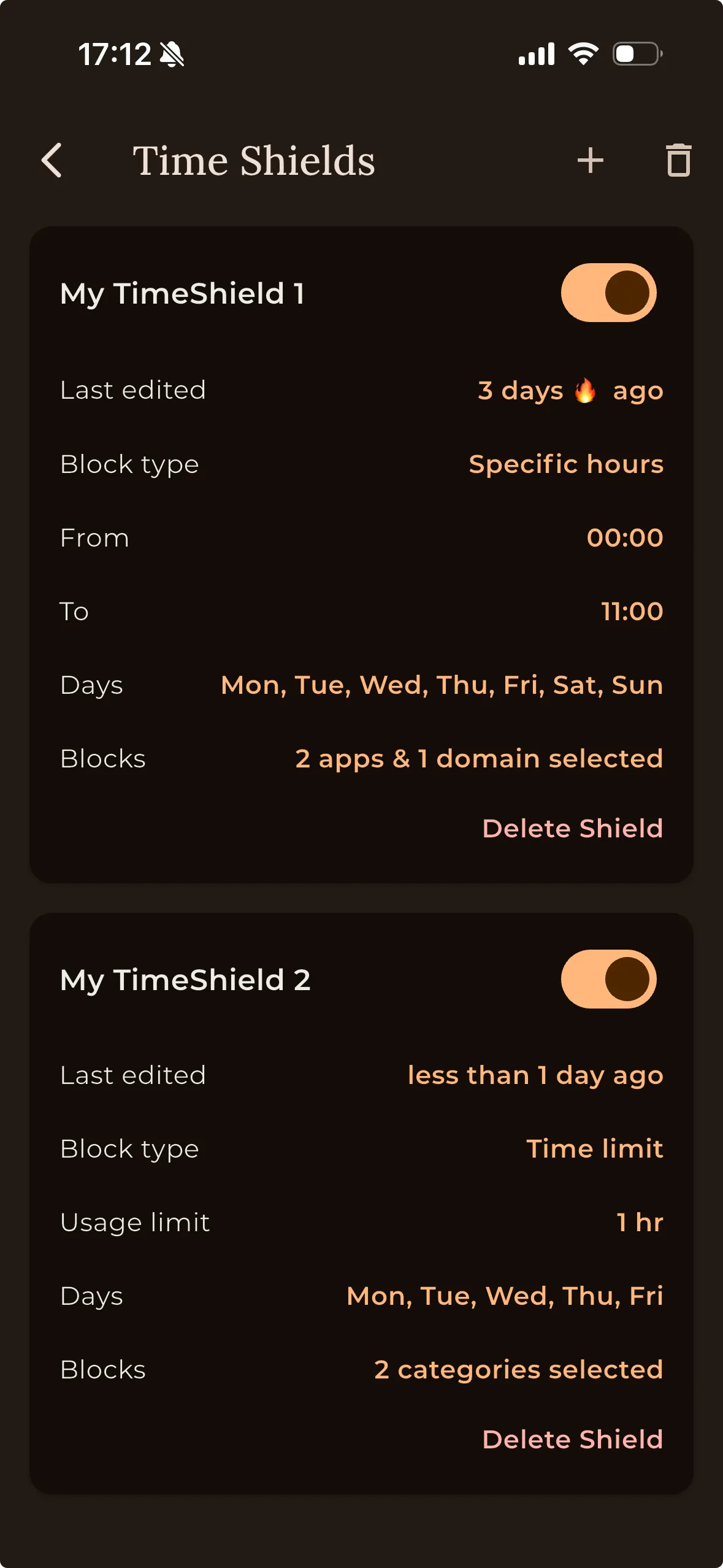 Time Shields app blocker setup screen showing multiple shields for blocking TikTok, Instagram, and other social media apps
