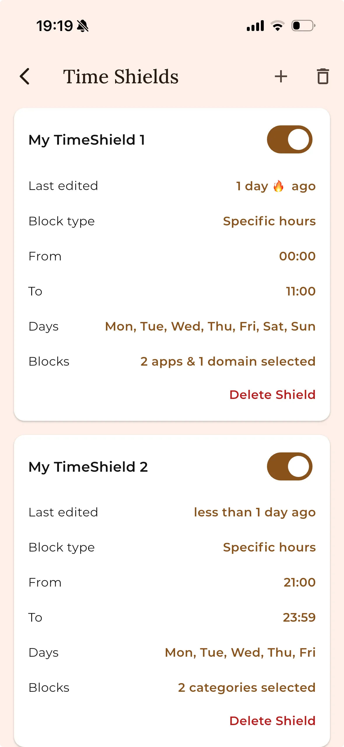 Time Shields interface showing focus protection
